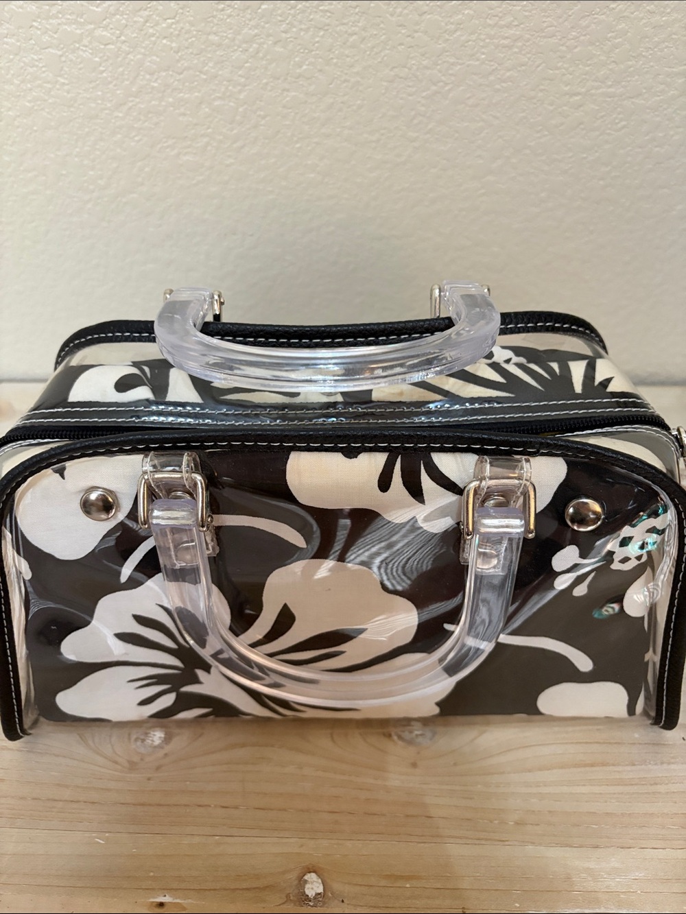Black & White Floral Mini Bag with Clear Top Handles